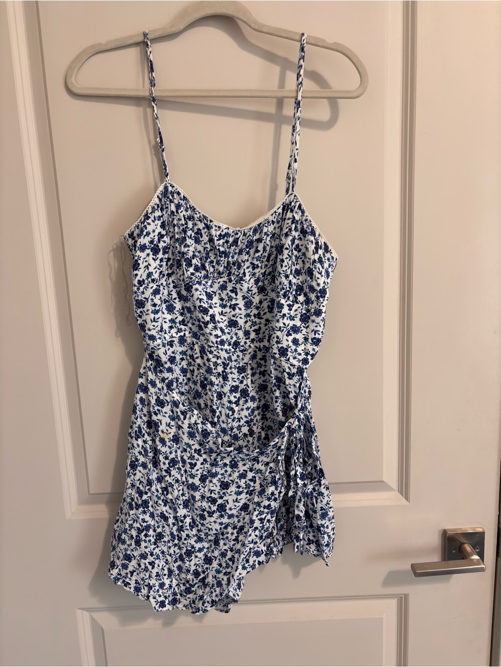 Blue & White Floral Spaghetti Strap Romper Altar’d State